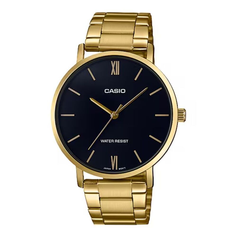 Casio Men’s Gold Bracelet Analog Watch with Black Dial - MTP-VT01G-1BUDF